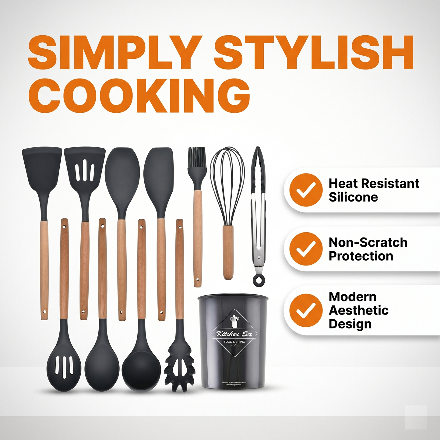 Premium 12-Piece Silicone Kitchen Utensils Set with Wooden Handles | Non-Stick Cooking Tools & Holder