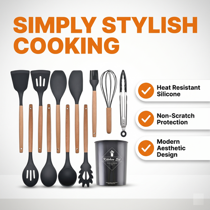 Premium 12-Piece Silicone Kitchen Utensils Set with Wooden Handles | Non-Stick Cooking Tools & Holder