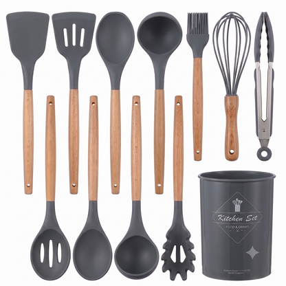 Premium 12-Piece Silicone Kitchen Utensils Set with Wooden Handles | Non-Stick Cooking Tools & Holder