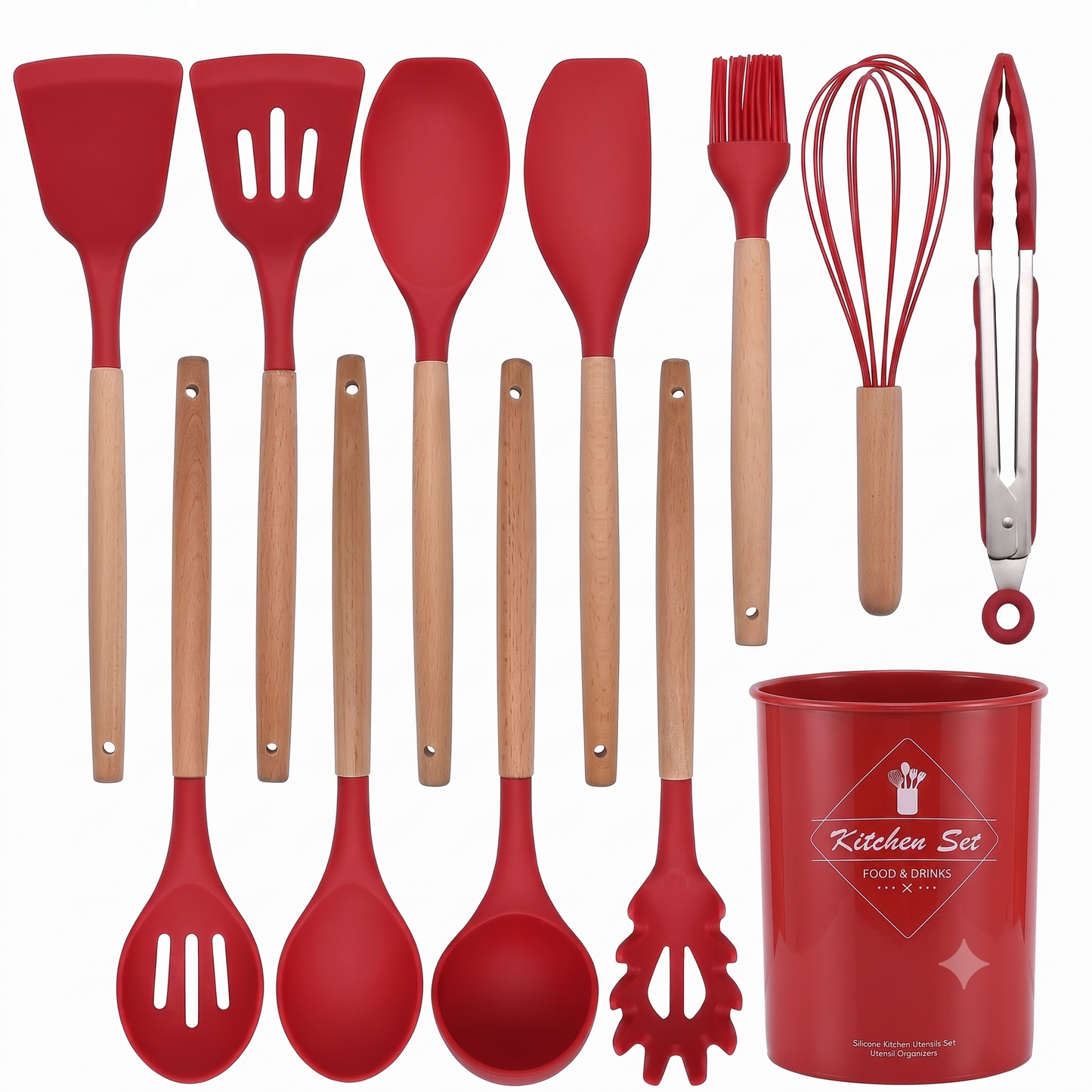 Premium 12-Piece Silicone Kitchen Utensils Set with Wooden Handles | Non-Stick Cooking Tools & Holder