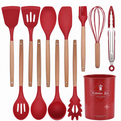Premium 12-Piece Silicone Kitchen Utensils Set with Wooden Handles | Non-Stick Cooking Tools & Holder