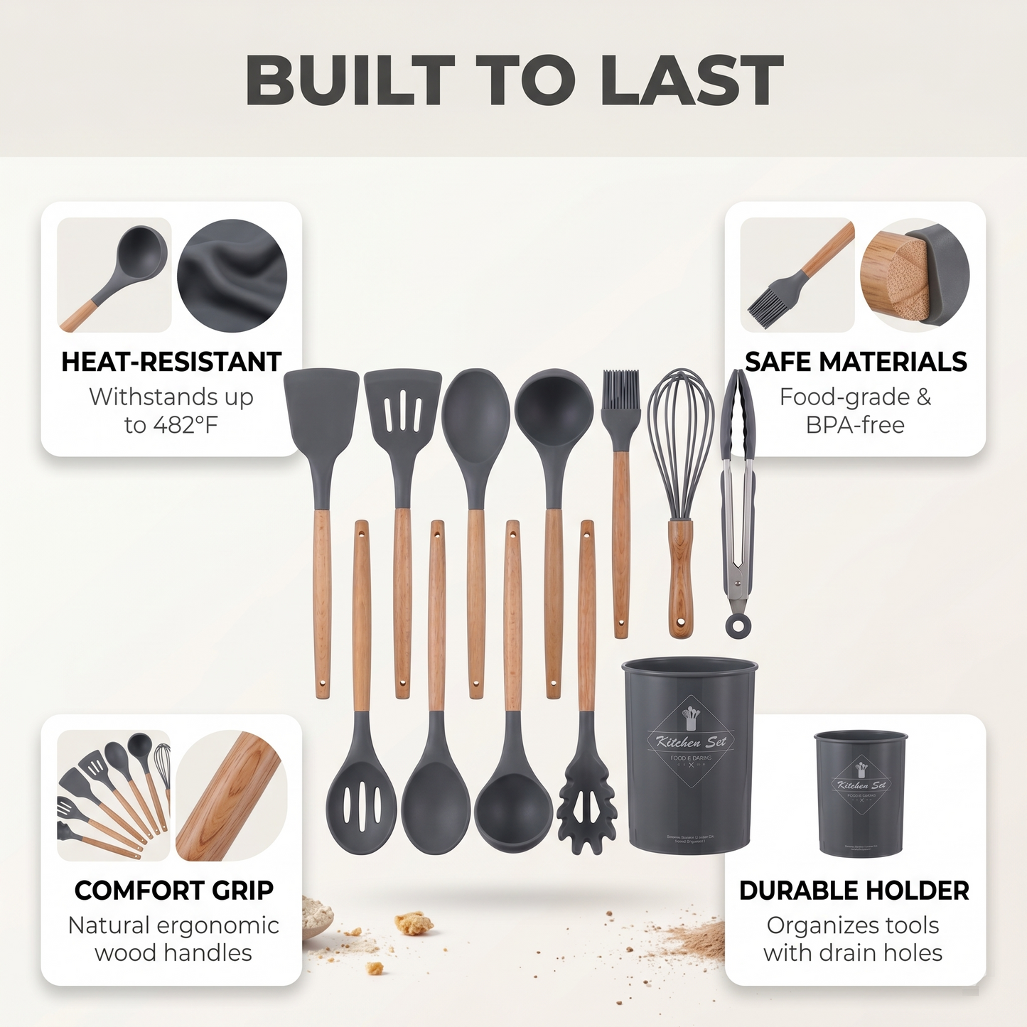 Premium 12-Piece Silicone Kitchen Utensils Set with Wooden Handles | Non-Stick Cooking Tools & Holder