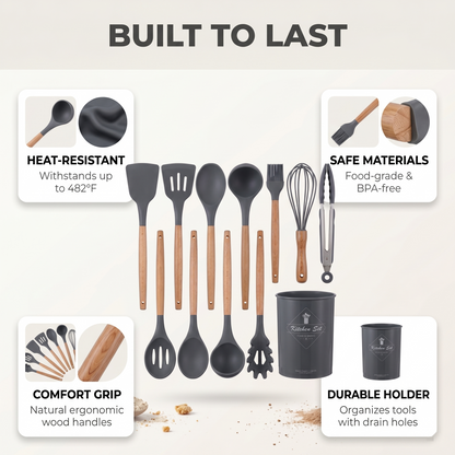 Premium 12-Piece Silicone Kitchen Utensils Set with Wooden Handles | Non-Stick Cooking Tools & Holder