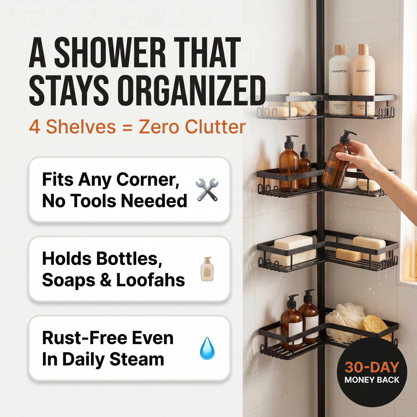 S & T HOME - 4-Tier Tension Pole Shower Caddy, Drill-Free Corner Shelf, Matte Black