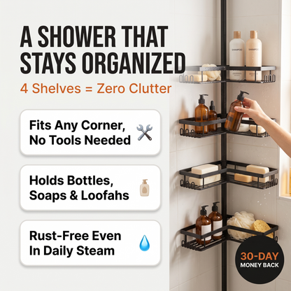 S & T HOME - 4-Tier Tension Pole Shower Caddy, Drill-Free Corner Shelf, Matte Black