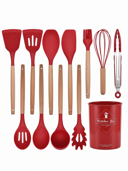 Premium 12-Piece Silicone Kitchen Utensils Set with Wooden Handles | Non-Stick Cooking Tools & Holder
