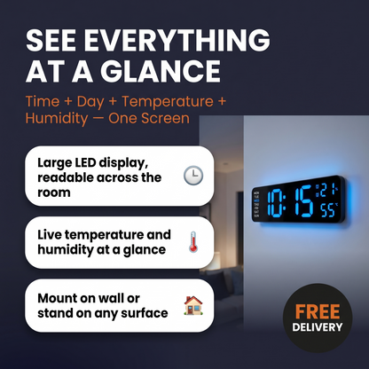 Digital Wall Clock Large LED Screen Temperature Humidity Display Electronic Alarm Clock Creative Home Decoration Remote Control