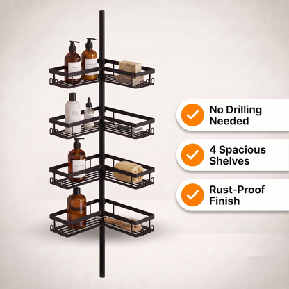 S & T HOME - 4-Tier Tension Pole Shower Caddy, Drill-Free Corner Shelf, Matte Black