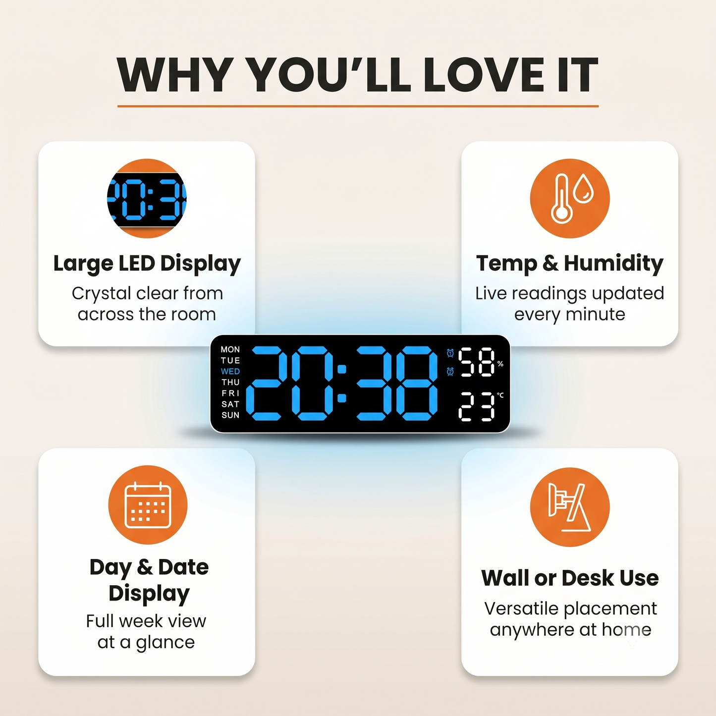 Digital Wall Clock Large LED Screen Temperature Humidity Display Electronic Alarm Clock Creative Home Decoration Remote Control