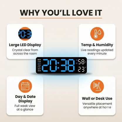 Digital Wall Clock Large LED Screen Temperature Humidity Display Electronic Alarm Clock Creative Home Decoration Remote Control