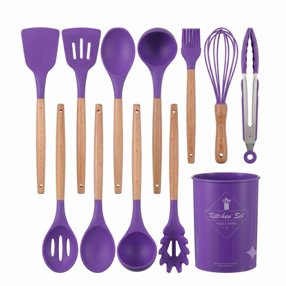 Premium 12-Piece Silicone Kitchen Utensils Set with Wooden Handles | Non-Stick Cooking Tools & Holder