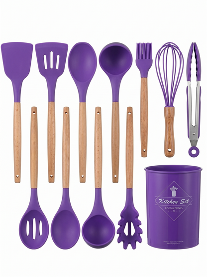 Premium 12-Piece Silicone Kitchen Utensils Set with Wooden Handles | Non-Stick Cooking Tools & Holder