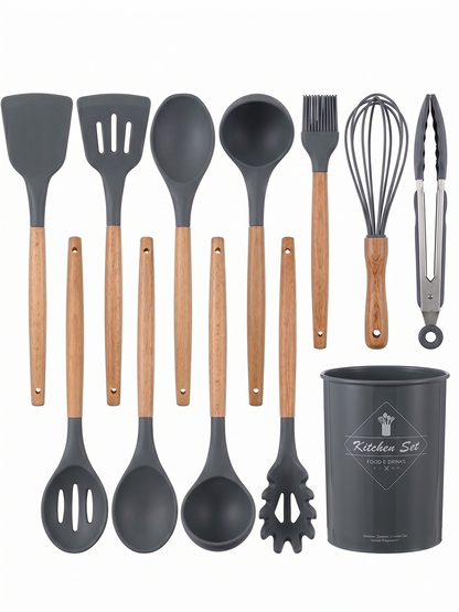 Premium 12-Piece Silicone Kitchen Utensils Set with Wooden Handles | Non-Stick Cooking Tools & Holder