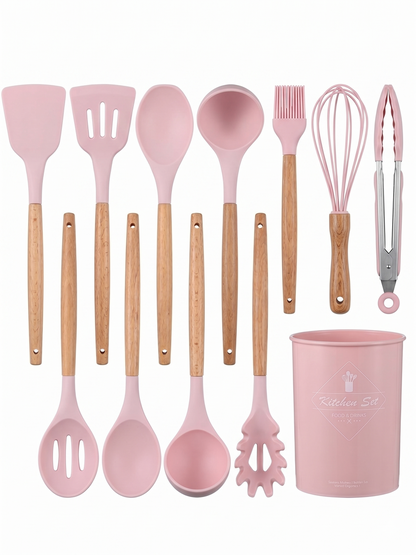 Premium 12-Piece Silicone Kitchen Utensils Set with Wooden Handles | Non-Stick Cooking Tools & Holder