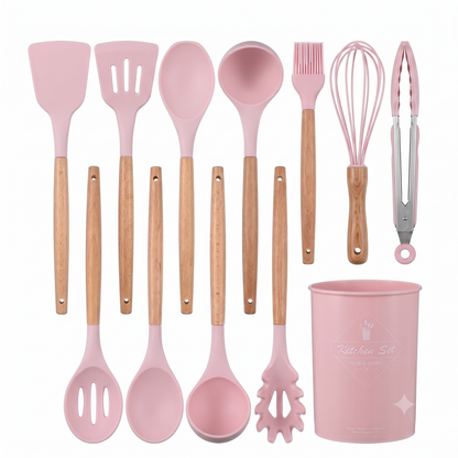 Premium 12-Piece Silicone Kitchen Utensils Set with Wooden Handles | Non-Stick Cooking Tools & Holder