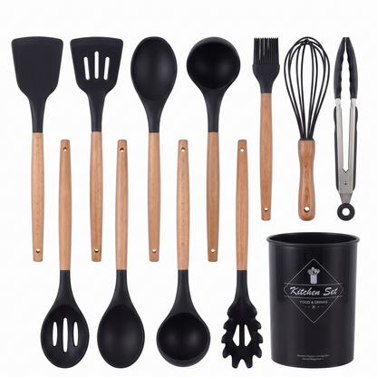 Premium 12-Piece Silicone Kitchen Utensils Set with Wooden Handles | Non-Stick Cooking Tools & Holder