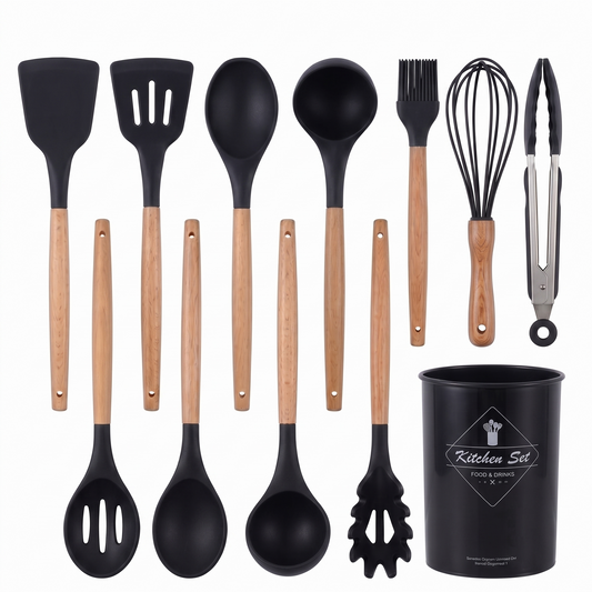 Premium 12-Piece Silicone Kitchen Utensils Set with Wooden Handles | Non-Stick Cooking Tools & Holder