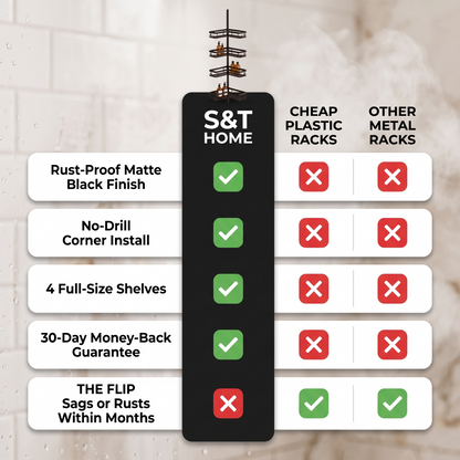S & T HOME - 4-Tier Tension Pole Shower Caddy, Drill-Free Corner Shelf, Matte Black